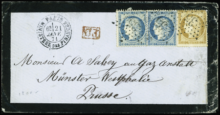 N°36 + 37 en paire OBL étoile 35 + CAD "Paris Ministère des Finances" (21 janv 71) sur env de deuil pour Munster (Prusse) sans arrivée. TB