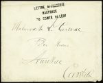Lettre (timbre décollé par immersion) adressé à Aurillac avec griffe noire "lettre affranchie naufrage du comte Valéry" (arrivée 10 janv 1892)