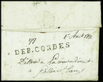 Lettre de Millau pour Cordes réexpédiée à Gaillac avec au verso marque manuscrite "Déb. Cordes" . RR et TB