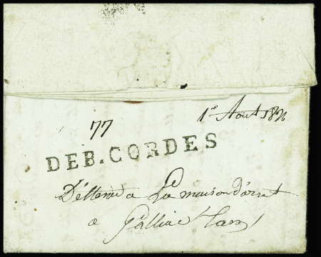 Lettre de Millau pour Cordes réexpédiée à Gaillac avec au verso marque manuscrite "Déb. Cordes" . RR et TB