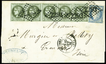 N°37 + 39, bande de 5, OBL GC 2293 + T17 Mazamet (10 oct 71) sur lettre, signé Calves. Jolie pièce rare (ex collection Antonini)