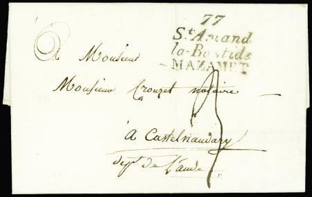 Double cursive "77 St Amand la Bastide Mazamet" (1825),