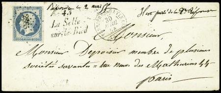 N°14 OBL PC 2865 + cursive "43 La Selle sur le Bied" + T15 "Ferrières-Gatinais (43)" (1854) sur lettre. TB