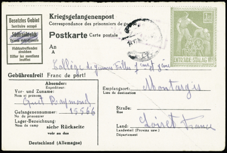 Entier carte postale du Stalag VIF avec figurine vert-gris (GUE J20) OBL dec 1943. TB