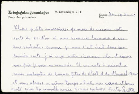 Entier carte postale du Stalag VIF avec figurine vert-gris (GUE J20) OBL dec 1943. TB
