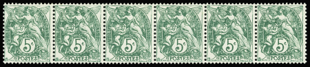 N°16 5c vert, bande de 6, neuf **, TB