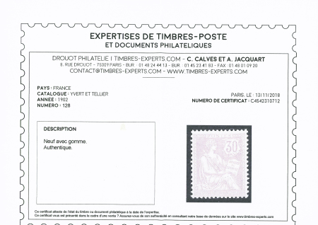 N°128 30c violet, neuf **, très frais, TB. Cert. Calves