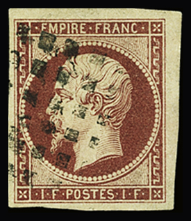N°18 1f carmin oblitéré gros points, belles marges,
