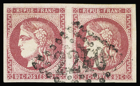 N°49 80c rose, paire oblitérée proprement GC 2240 de