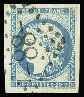 N°44A 20c bleu, Type 1, Report 1, bien margé, obl.