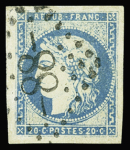 N°44A 20c bleu, Type 1, Report 1, bien margé, obl.