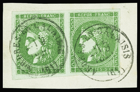 N°42B 5c vert-jaune, paire obl. càd T17 Ardres-en-Calaisis