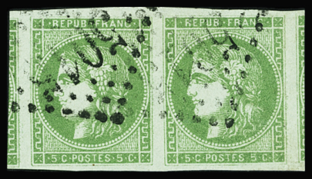 N°42B 5c vert-jaune, paire encadrée par deux voisins,