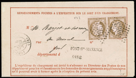 N°58c 10c brun sur rose en paire TETE-BECHE sur avis