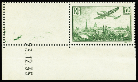 N°14 50f vert, coin de feuille daté du 23.12.35, neuf
