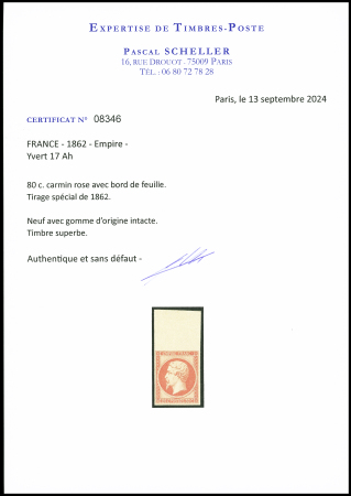 N°17Ah 80c carmin, tirage spécial de 1862, bdf, neuf