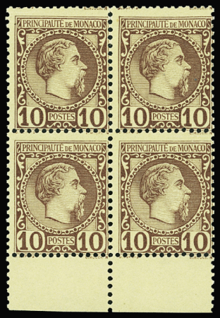 N°4 10c lilas-brun sur jaune en bloc de 4, bdf, neuf