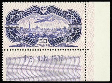 N°15 50f Burelé, avec variété "1936" doublé sur coin-daté