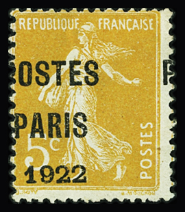 N°30 5c orange, POSTES PARIS 1922, variété surcharge