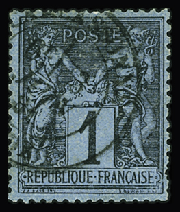N°84 1c noir s. bleu de Prusse, bon centrage, obl.