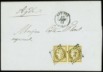 N°1 10c bistre-jaune en paire OBL PC 389 + T15 Béziers (1852) sur lettre. TB