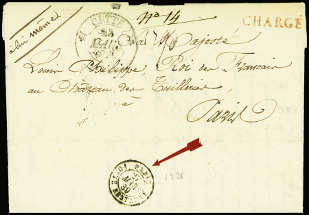 Lettre avec CAD T12 Cette (1839) adressée à "Sa Majesté Louis Philippe Roi des Français au Château des Tuileries Paris" avec griffe "chargé"