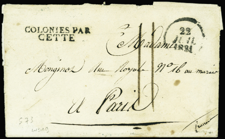 Lettre de l'Ile d'Assomption avec marque d'entrée "Colonies par Cette" + dateur A (1831) pour Paris, ind 19 (Salles n°73). TB