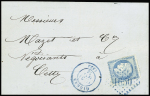 N°60 OBL GC 1650 bleu + T17 "Gigean (33)" (1872) bleu sur lettre. Rare et TB