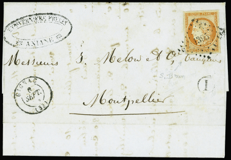 N°5 40c orange, OBL PC 1395 + T15 "Gignac (33)" sur lettre pour Montpellier. TB