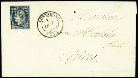 N°4 OBL grille + T14 Montagnac (1850) sur lettre, ind 22. TB