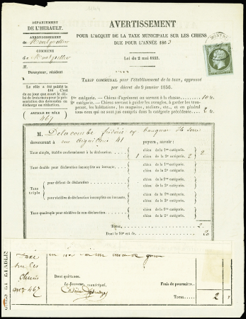 N°11 1c olive, OBL T15 Montpellier (1863) sur "Avertissement pour l'acquit de la taxe municipale sur les chiens due pour l'année 1863". TB