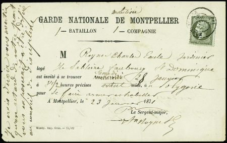 N°19 OBL T17 Montpellier (3 janv 71) sur convocation à en-tête "Garde nationale de Montpellier". TB