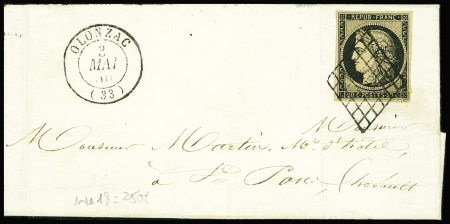 N°3 OBL grille + T15b "Olonzac (33)" (1850) sur lettre, ind 18. TB