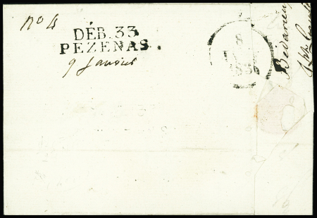 Lettre de Bédarieux pour Montpellier (1830) avec au verso MP "Deb 33 Pezenas", ind 20. TB