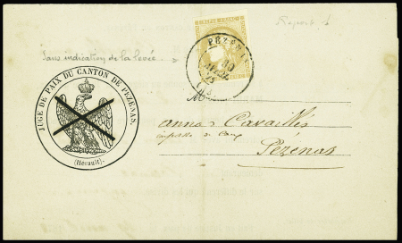N°43 10c bistre OBL T17 "Pézenas (33)" (30 avril 71) sur avertissement avec cachet avec aigle "juge de paix du canton de Pézenas" annulé par croix à la plume