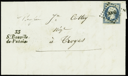 N°14 OBL PC 3000 + cursive "33 St Bauzille de Putois" (26 janvier 1855) sur lettre. TB