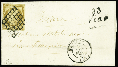 N°1 10c bistre-jaune OBL grille + cursive "33 Vias"