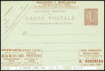 Carte postale 10c semeuse lignée avec repiquage d'annonces de Tours (SEL A 3a). Pubs diverses dont Cycles Motocyclettes Augereau - Photographie C.Romain