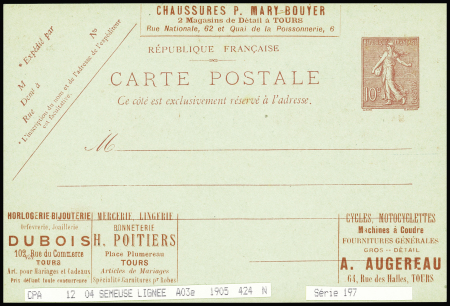Carte postale 10c semeuse lignée avec repiquage d'annonces de Tours (SEL A 3a). Pubs diverses dont Cycles Motocyclettes Augereau - Photographie C.Romain