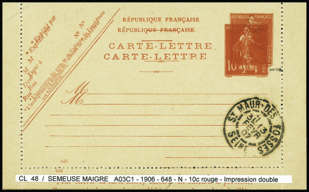 N°135 10c semeuse maigre (SEC A 3 C1) impression double avec CAD de St Maur des Fossés (1907 - CL rendue car inutilisable). TB