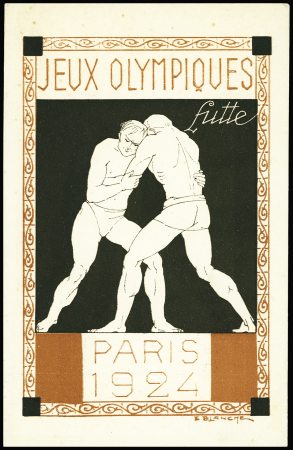 Carte postale 15c Pasteur vert TSC JO 1924 avec illustration Lutte OBL mec concordante "Jeux olympiques Paris mai juin juillet 1924" de Paris XVII