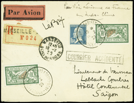 N°181 + 207, 2 pièces OBL grand CAD "poste aérienne France Indochine" (18.2.29) sur lettre recommandée pour Saïgon avec griffe encadrée