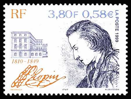 N°3287a 3f80 Chopin, variété sans le bleu, neuf **,