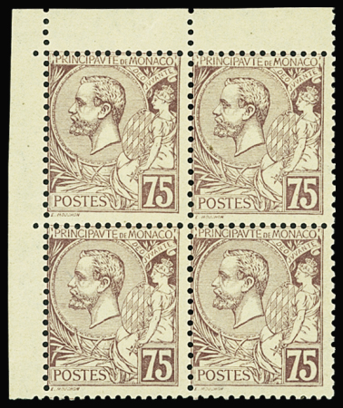 N°19 75c violet-brun sur paille, bloc de 4 coin de