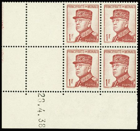 N°163a 1f rose en bloc de 4 coin-daté 28.4.38, neuf