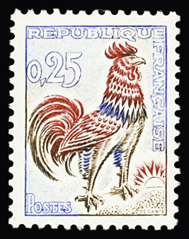 N°1331d 25c Coq de Decaris, papier jaune vif aux U.V.,