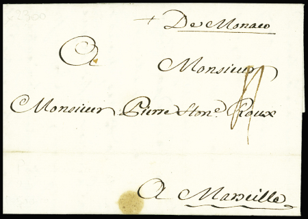 1745 Lettre datée du Port de Monaco avec marque manuscrite
