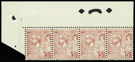 N°21 5f en bande de 4 coin de feuille avec perforation