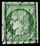 N°2 15c vert, obl. grille sans fin, TB. Signé Baudot