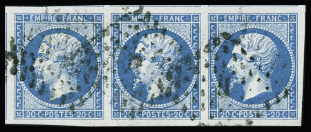 N°14Bb 20c bleu sur lilas en bande de trois avec voisins